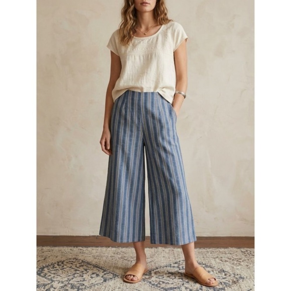 Umgee Blue Striped Wide Leg Culotte Crop Pants S Boho Chic Minimalist Clean Girl